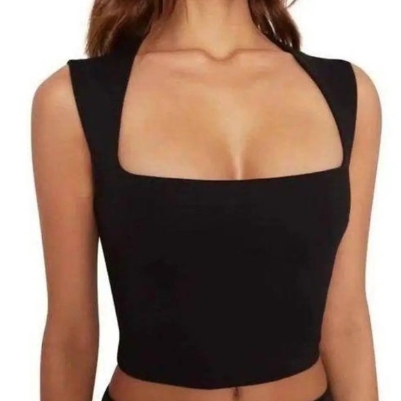 Free People Beach Square Neck Black Cropped Ribbed Daphne Tank Black Top XS - Picture 1 of 8